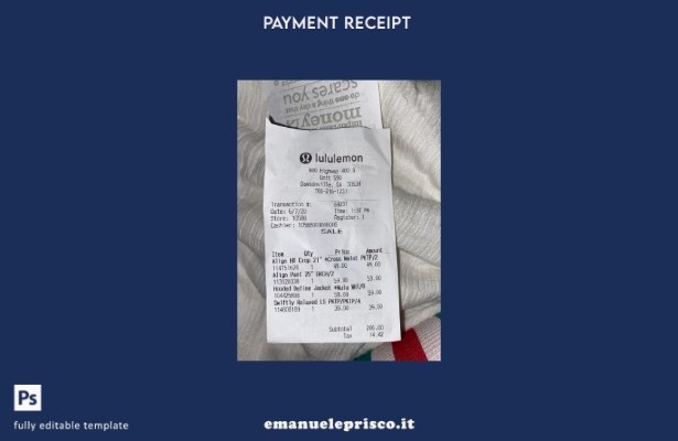 modello di ricevuta di pagamento del negozio Lululemon in stile verificato